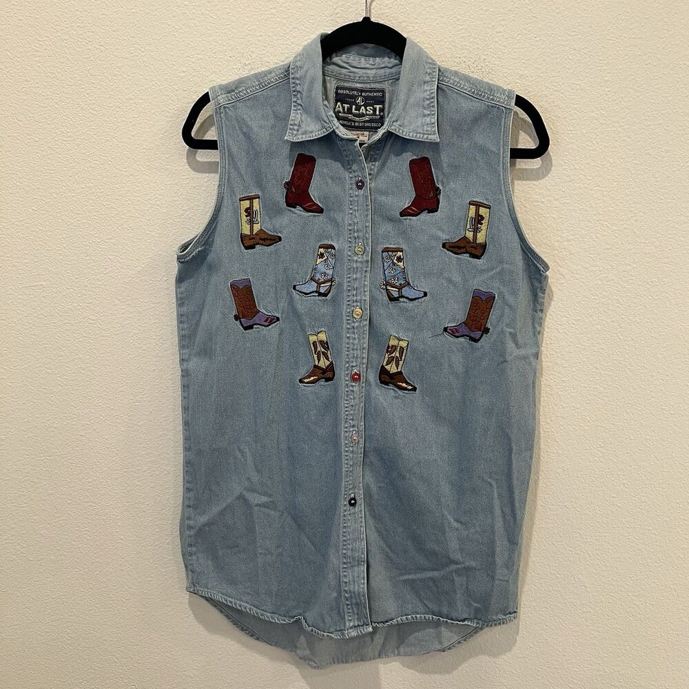 Vintage 90s Denim Cotton Button Up Shirt Sleeveless M Embroidered Boots Western